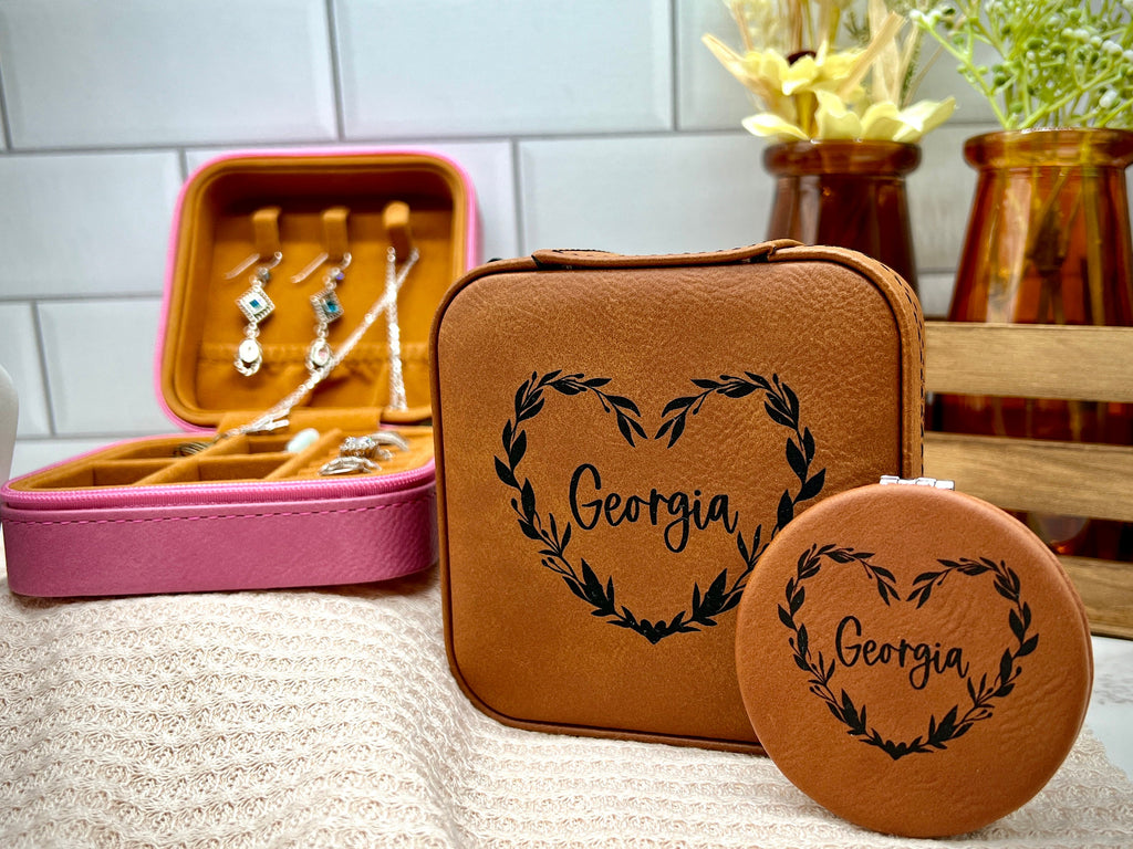 Personalize Jewelry Box , Engraved Compact Mirror, Matching Jewelry Box and Mirror Set, Travel Jewelry Case Gift for Her