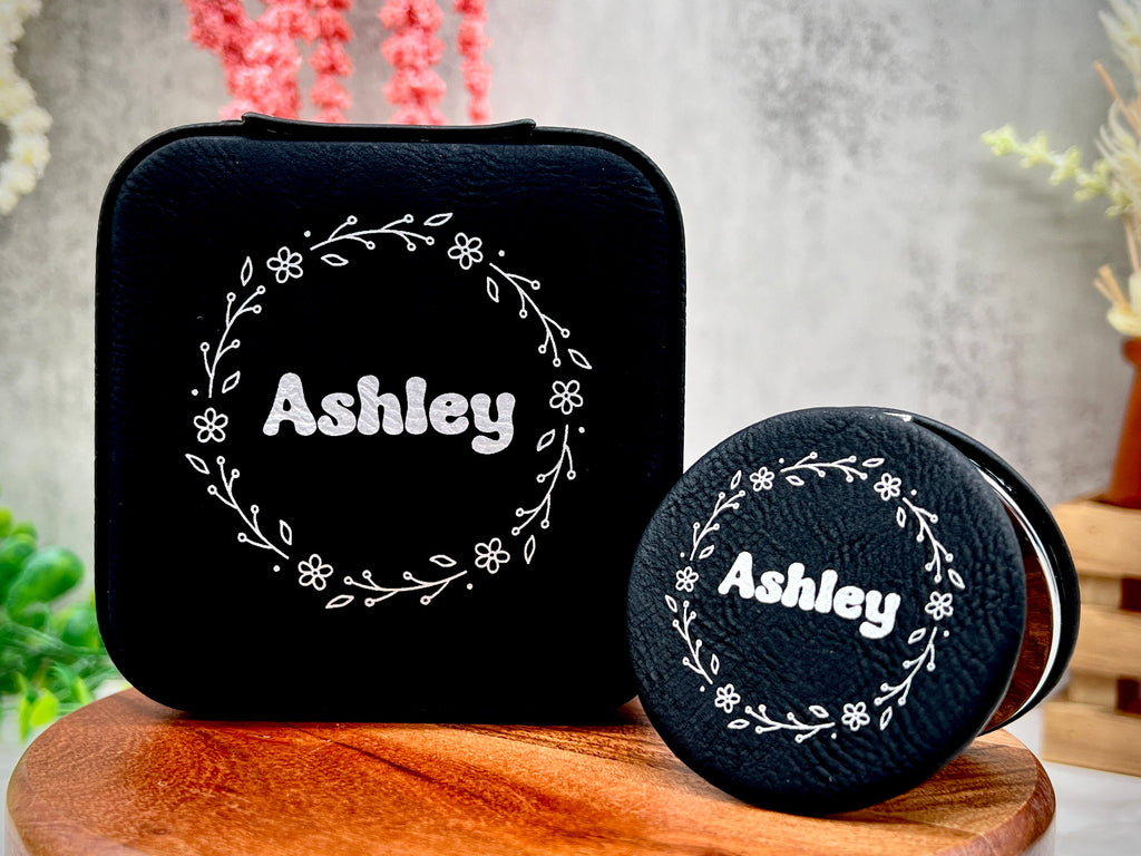 Personalize Jewelry Box , Engraved Compact Mirror, Matching Jewelry Box and Mirror Set, Travel Jewelry Case Gift for Her