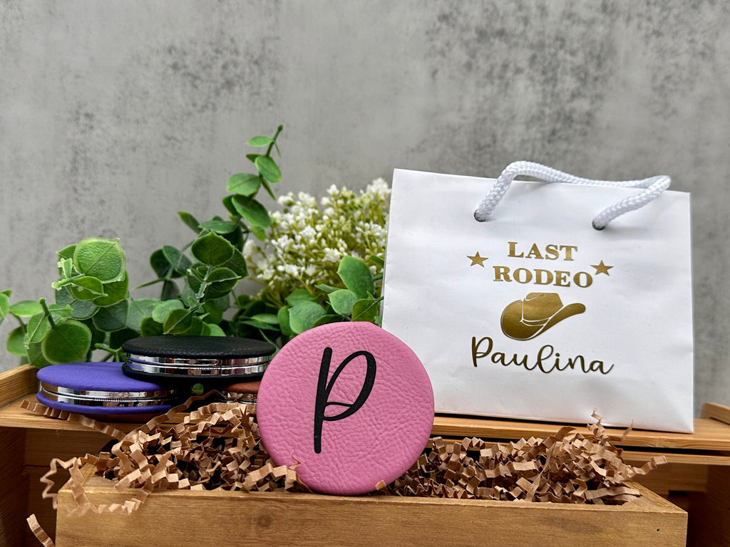 Bachelorette Gift Set, Compact Mirror with Initial, Engraved Keychain, Gift Bag with Personalized Design, Bachelorette Favor