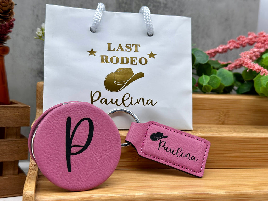 Bachelorette Gift Set, Compact Mirror with Initial, Engraved Keychain, Gift Bag with Personalized Design, Bachelorette Favor