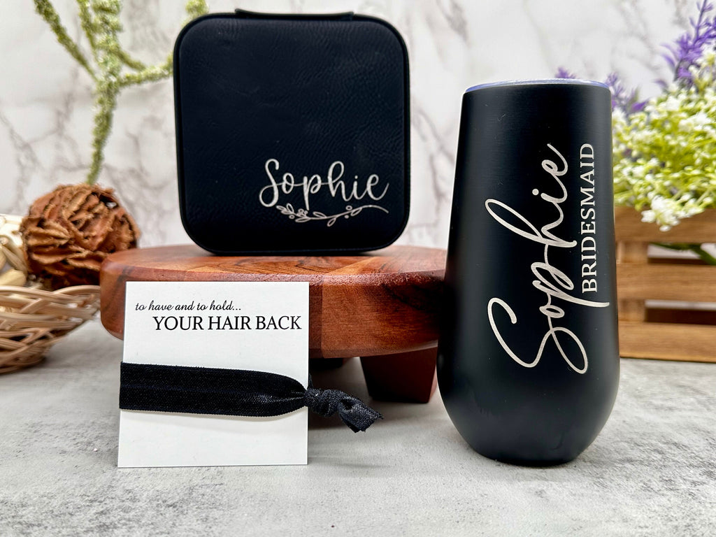 Bridesmaid/Maid of Honor Gift set, Engraved Champagne Flute Tumbler, Personalized Jewelry Box, Gift Bag with Name.