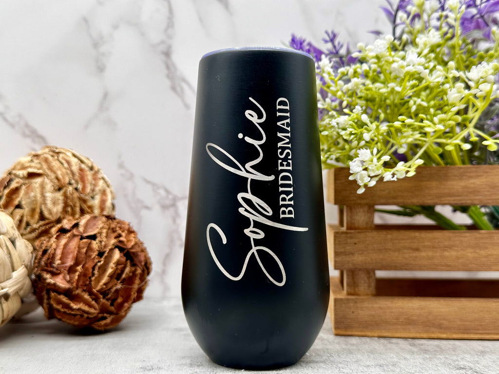 Bridesmaid/Maid of Honor Gift set, Engraved Champagne Flute Tumbler, Personalized Jewelry Box, Gift Bag with Name.
