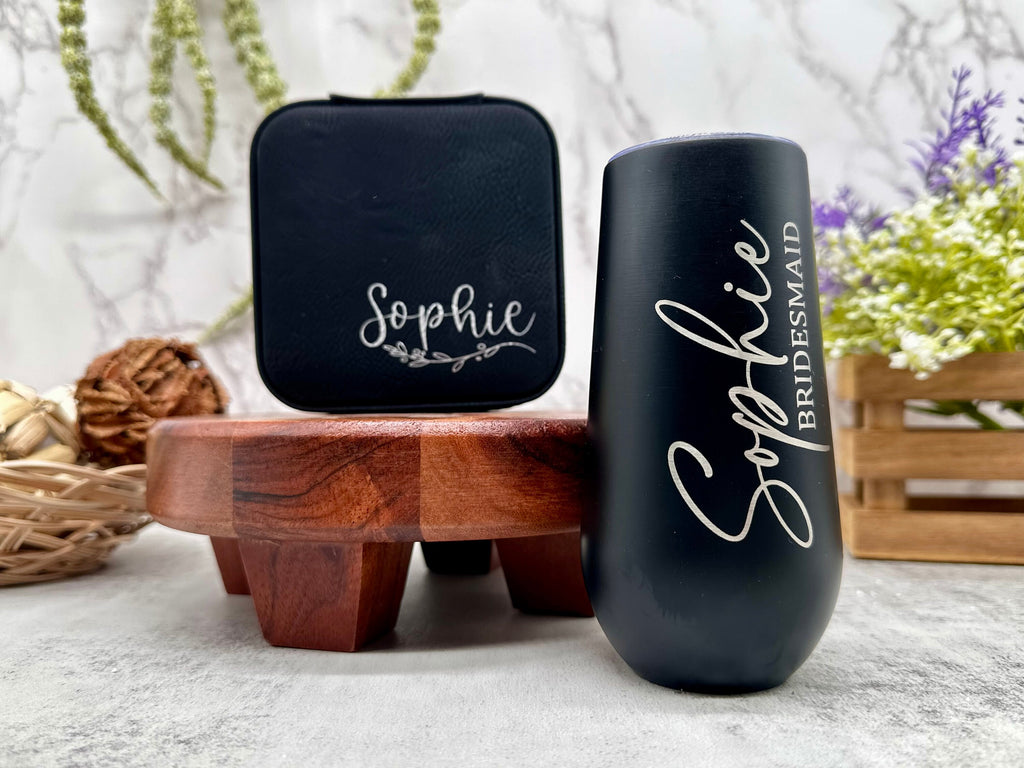 Bridesmaid/Maid of Honor Gift set, Engraved Champagne Flute Tumbler, Personalized Jewelry Box, Gift Bag with Name.