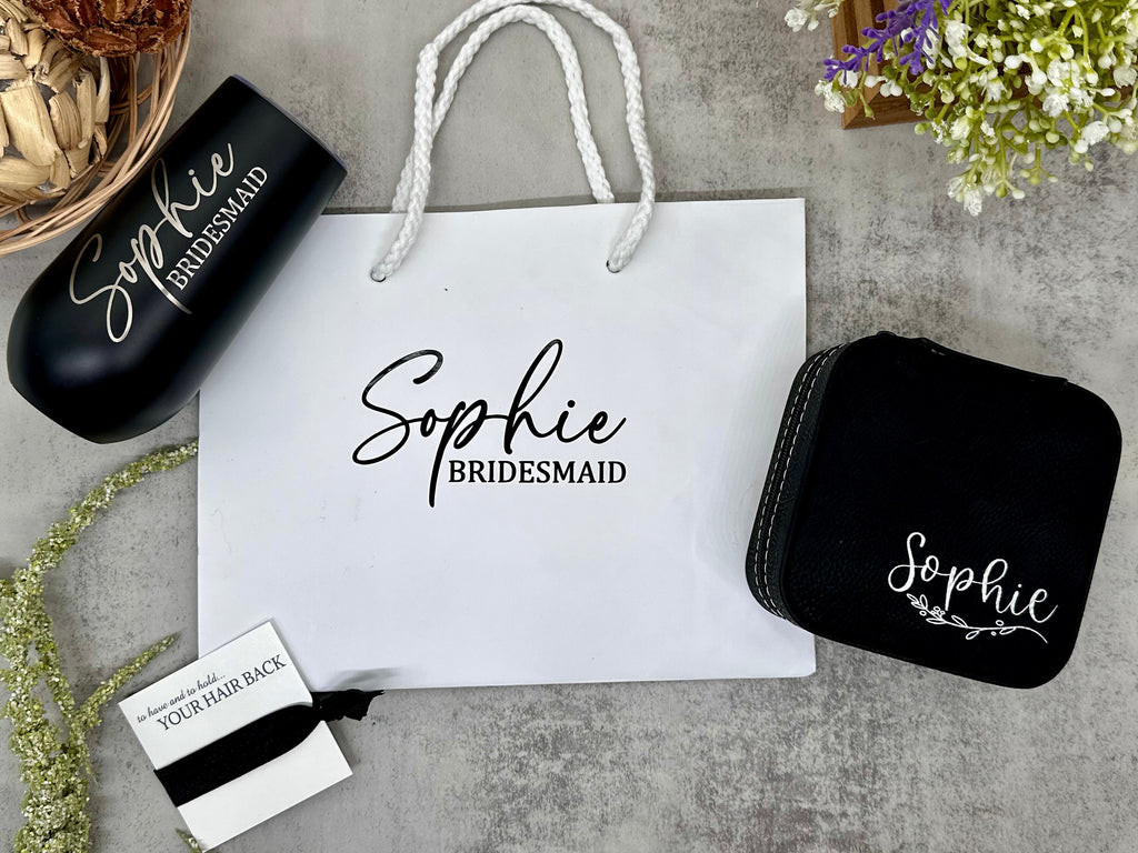Bridesmaid/Maid of Honor Gift set, Engraved Champagne Flute Tumbler, Personalized Jewelry Box, Gift Bag with Name.