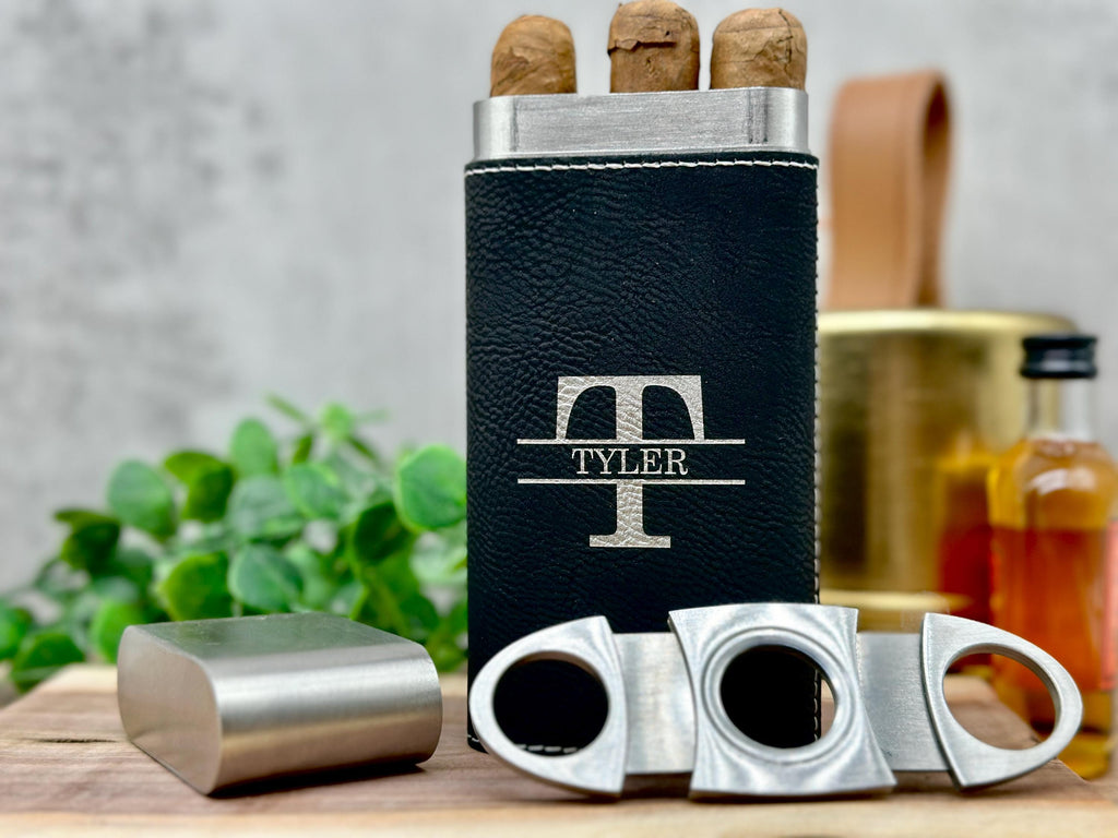 Personalized Cigar Case Set - Leather Cigar Case, Cutter, Gift Box and Custom Text - Engraved Lighter - Gift for Dad - Gift for Him