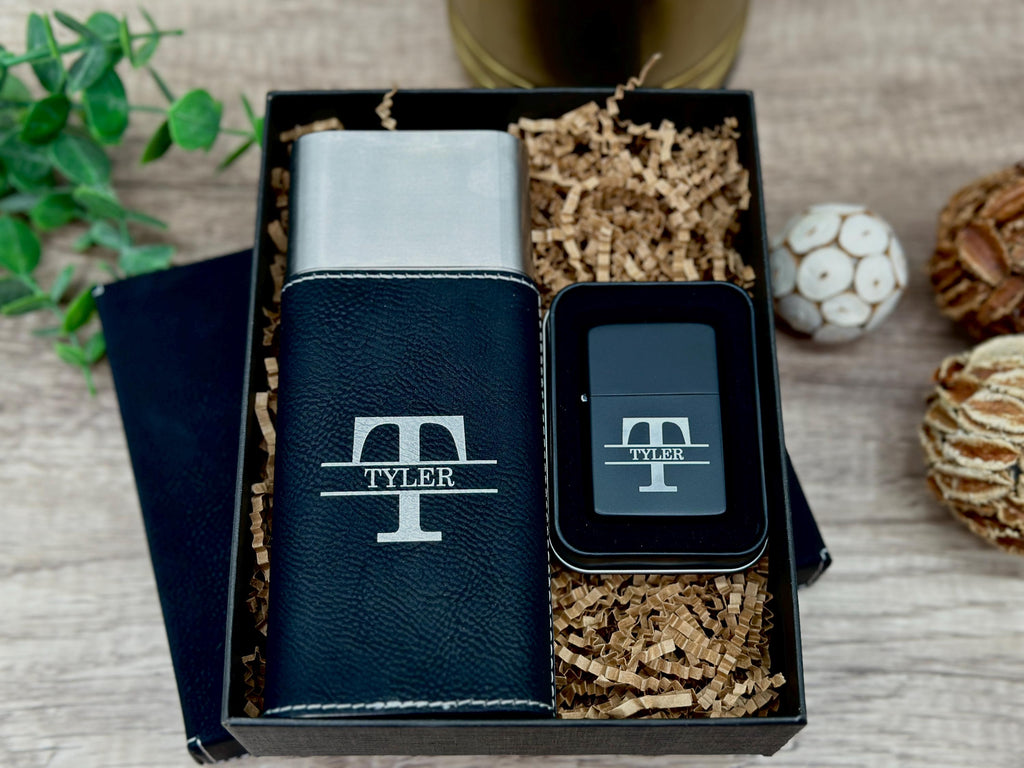 Personalized Cigar Case Set - Leather Cigar Case, Cutter, Gift Box and Custom Text - Engraved Lighter - Gift for Dad - Gift for Him