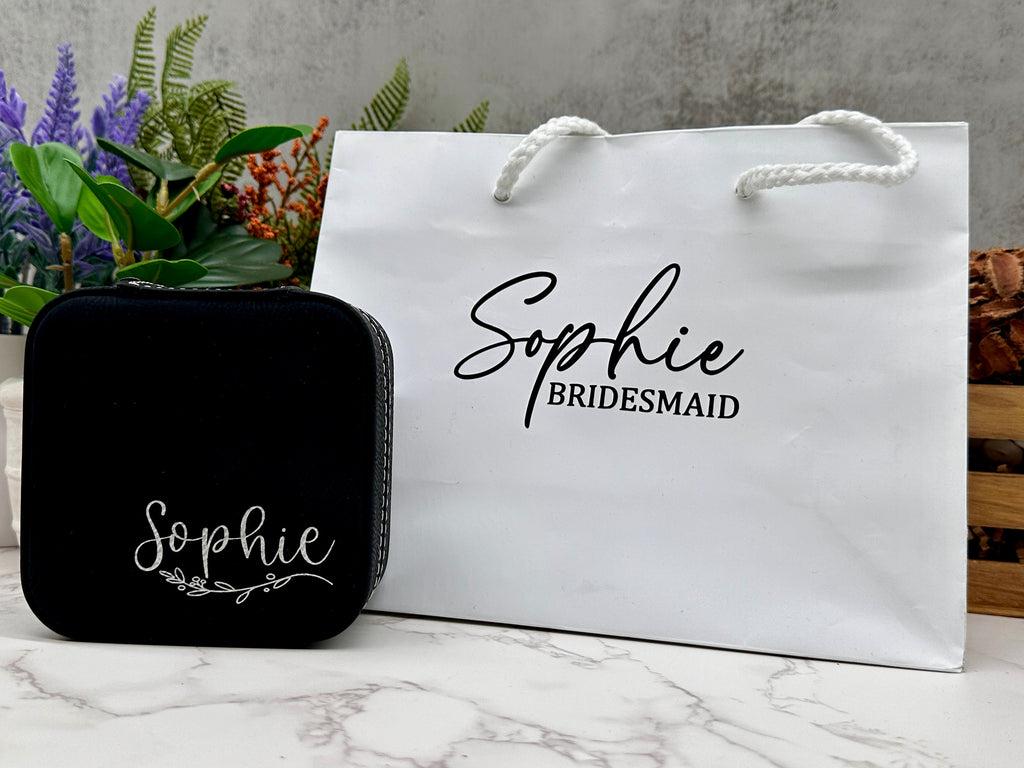 Bridesmaid/Maid of Honor Gift set, Engraved Champagne Flute Tumbler, Personalized Jewelry Box, Gift Bag with Name.