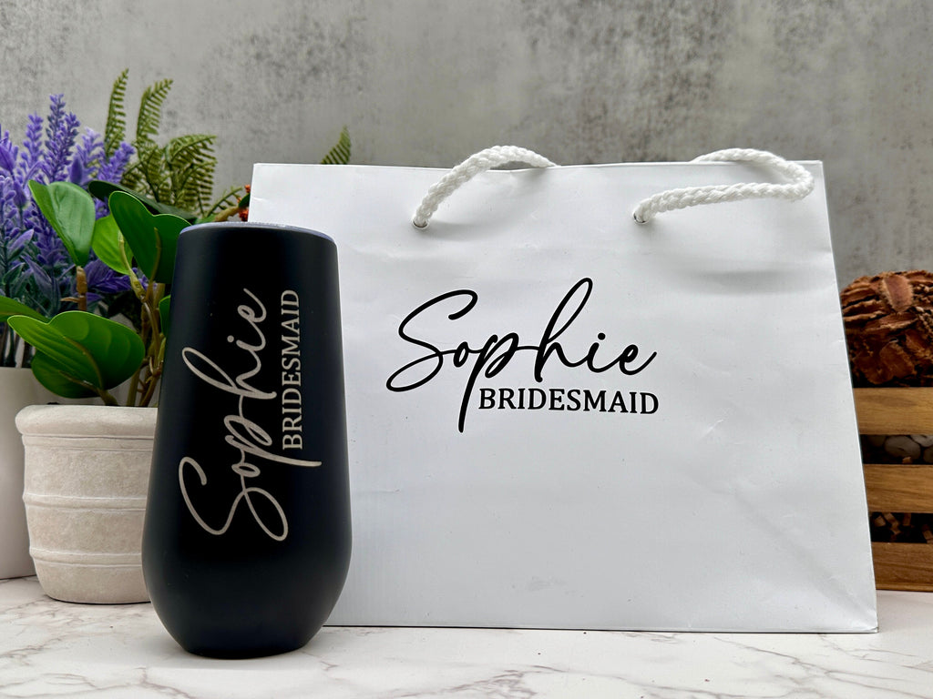 Bridesmaid/Maid of Honor Gift set, Engraved Champagne Flute Tumbler, Personalized Jewelry Box, Gift Bag with Name.