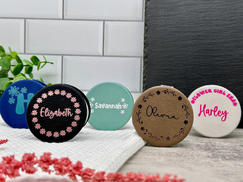 Flower Girl Mirror, Personalized Mirror, Mirror for Bridesmaid, Party Favor, Gift bag Stuffer, Vinyl Design, Engraved Design