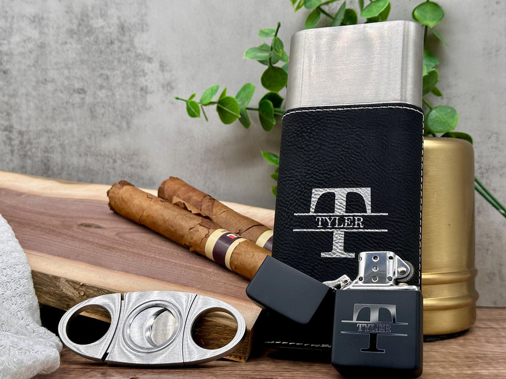 Personalized Cigar Case Set - Leather Cigar Case, Cutter, Gift Box and Custom Text - Engraved Lighter - Gift for Dad - Gift for Him