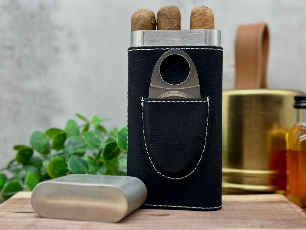 Personalized Cigar Case Set - Leather Cigar Case, Cutter, Gift Box and Custom Text - Engraved Lighter - Gift for Dad - Gift for Him