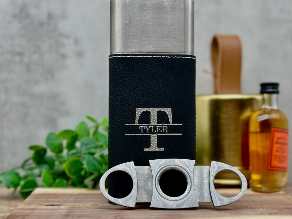 Personalized Cigar Case Set - Leather Cigar Case, Cutter, Gift Box and Custom Text - Engraved Lighter - Gift for Dad - Gift for Him