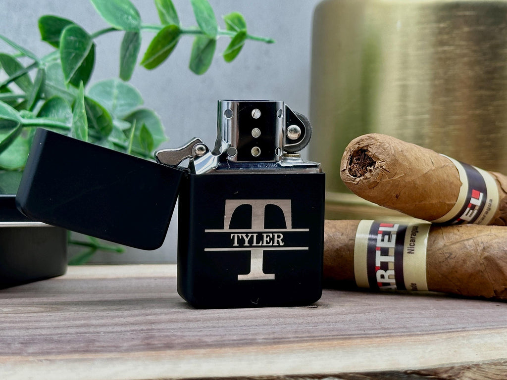 Personalized Cigar Case Set - Leather Cigar Case, Cutter, Gift Box and Custom Text - Engraved Lighter - Gift for Dad - Gift for Him