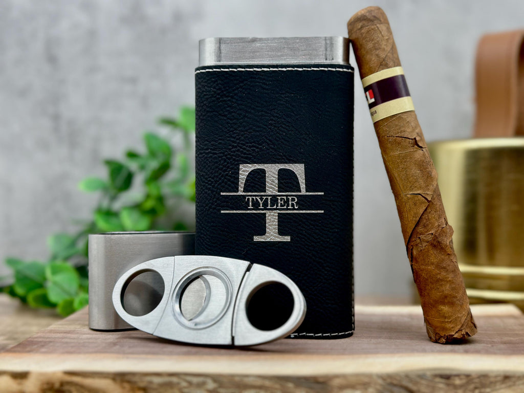 Personalized Cigar Case Set - Leather Cigar Case, Cutter, Gift Box and Custom Text - Engraved Lighter - Gift for Dad - Gift for Him