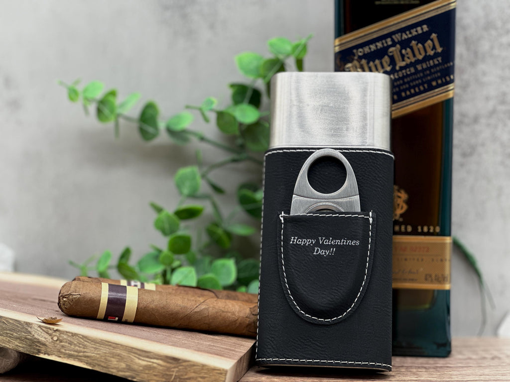 Personalized Cigar Case Set - Leather Cigar Case, Cutter, Gift Box and Custom Text - Engraved Lighter - Gift for Dad - Gift for Him