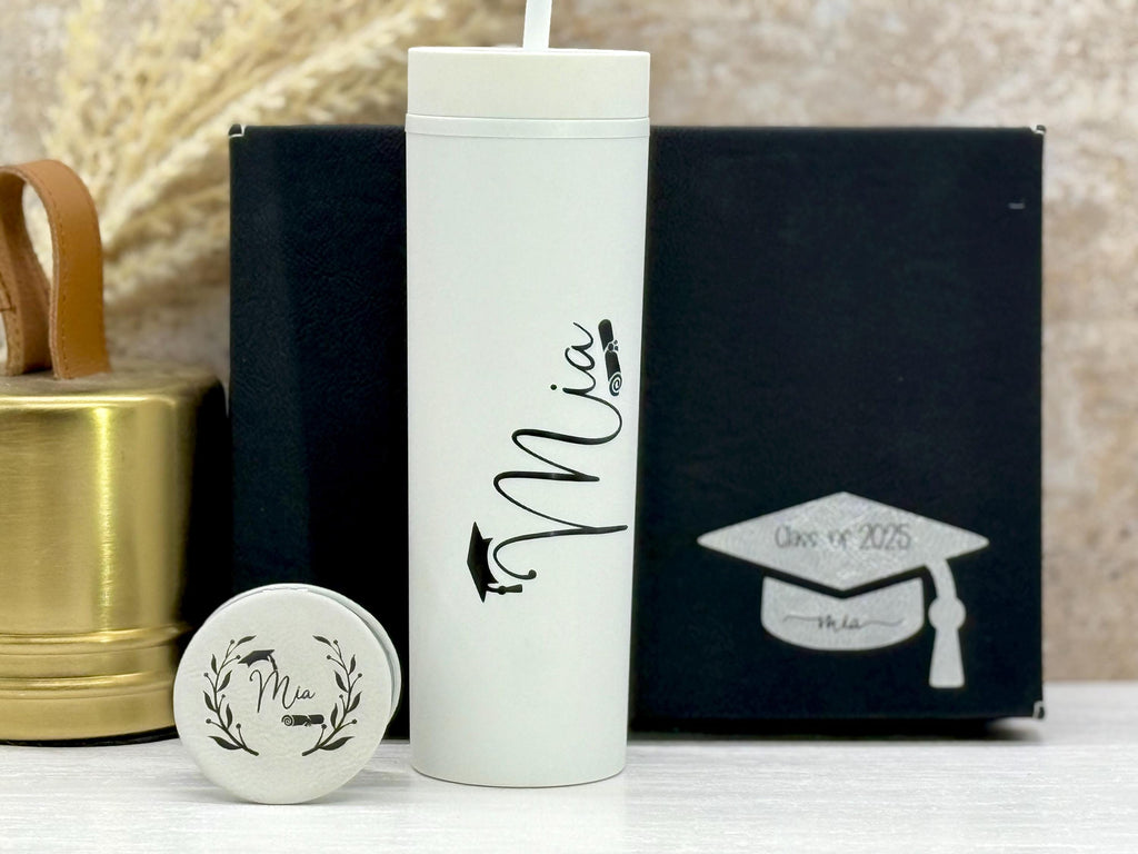 Personalized Graduation Gift Set | Tumbler, Compact Mirror & Optional Gift Box | Graduation Gift Set for Her | Perfect Graduation Gift Set