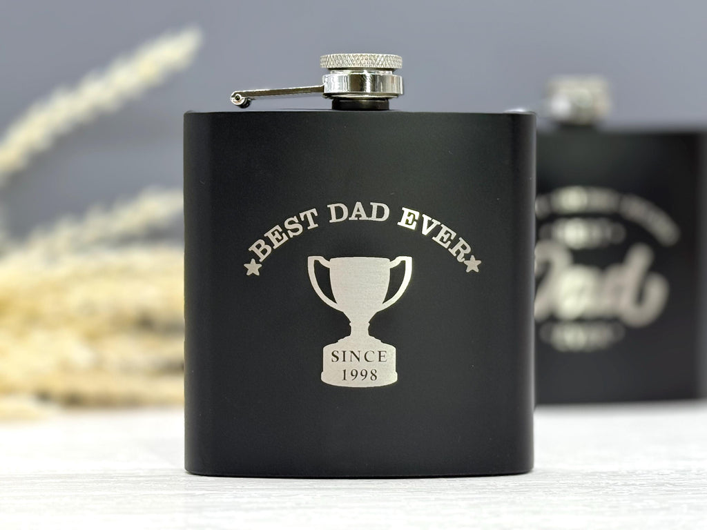 Black Flask for Dad – Custom Engraved – Father’s Day Gift – Black Stainless Steel – Personalized Dad Gift – Gift for Him