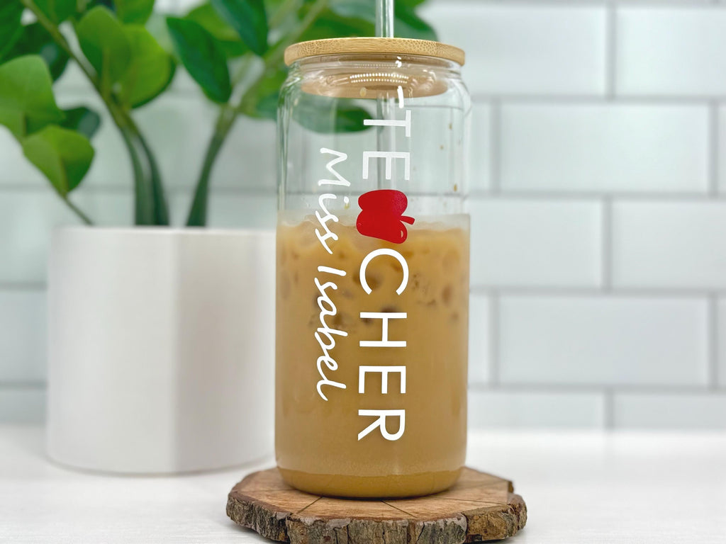Personalized Teacher Can Glass – Custom Gift for Teacher – Teacher Appreciation – Gift for Teacher – Cute Teacher Iced Coffee Glass