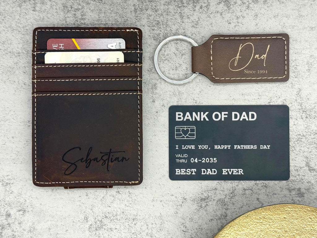Father's Day Gift Set - Money Clip Wallet and Keychain Set - Gifts for Dad - Engraved Money Clip Wallet and Keychain - Gift Set for Dad