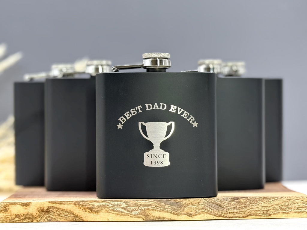 Black Flask for Dad – Custom Engraved – Father’s Day Gift – Black Stainless Steel – Personalized Dad Gift – Gift for Him