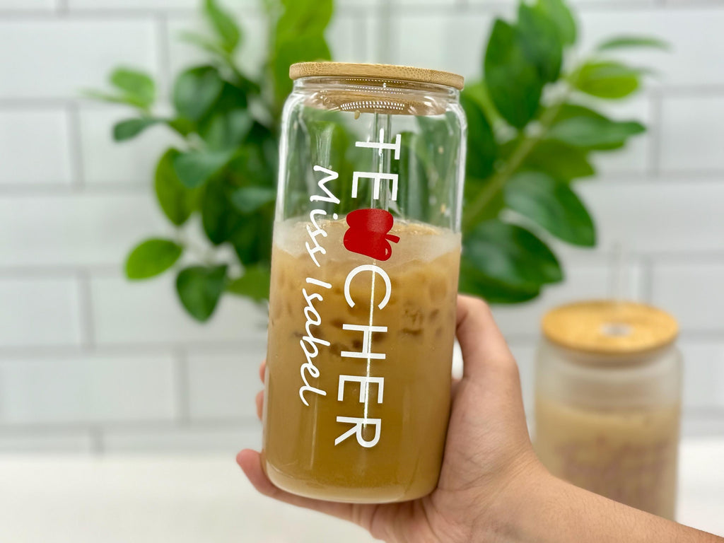 Personalized Teacher Can Glass – Custom Gift for Teacher – Teacher Appreciation – Gift for Teacher – Cute Teacher Iced Coffee Glass