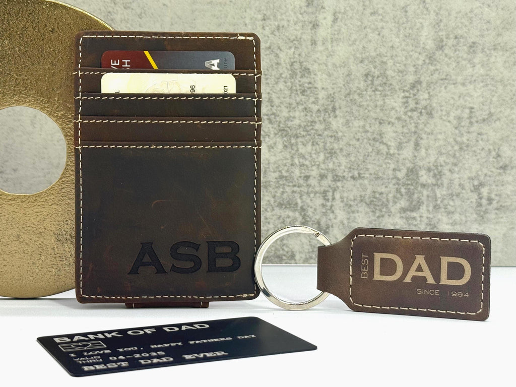 Father's Day Gift Set - Money Clip Wallet and Keychain Set - Gifts for Dad - Engraved Money Clip Wallet and Keychain - Gift Set for Dad