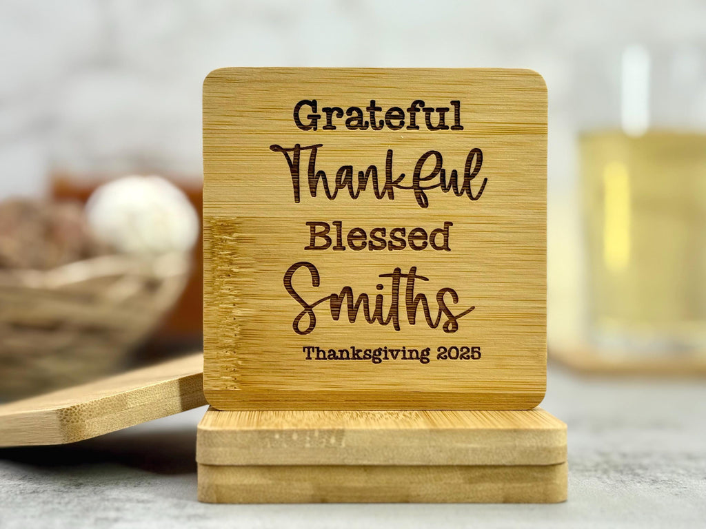 Personalized Thanksgiving Bamboo Coaster - Bamboo Coaster - Thanksgiving Gifts - Fall Decor - Thanksgiving Coaster - Personalized Gifts