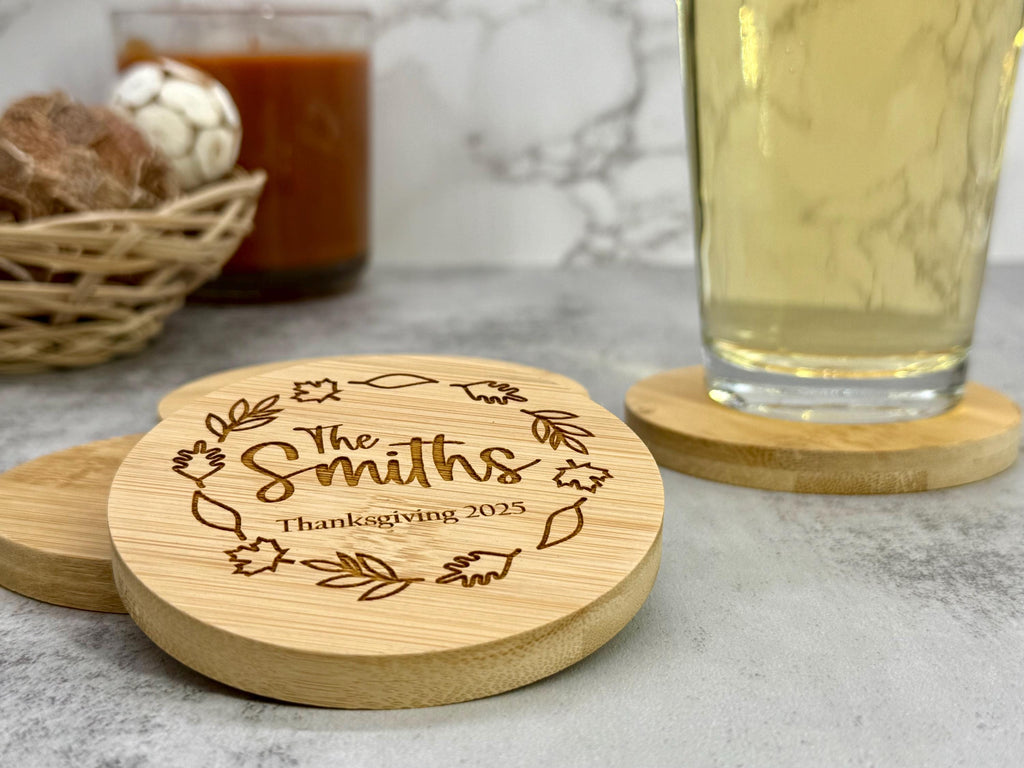 Personalized Thanksgiving Bamboo Coaster - Bamboo Coaster - Thanksgiving Gifts - Fall Decor - Thanksgiving Coaster - Personalized Gifts