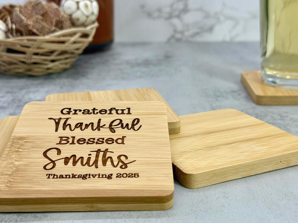 Personalized Thanksgiving Bamboo Coaster - Bamboo Coaster - Thanksgiving Gifts - Fall Decor - Thanksgiving Coaster - Personalized Gifts