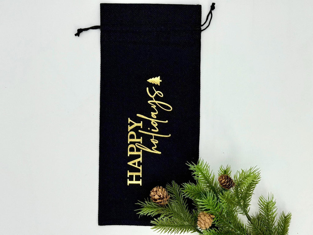 Personalized Christmas Wine Bag, Custom Holiday Gift Bag for Wine Bottles, Reusable Burlap Wine Sack for Hostess or Secret Santa