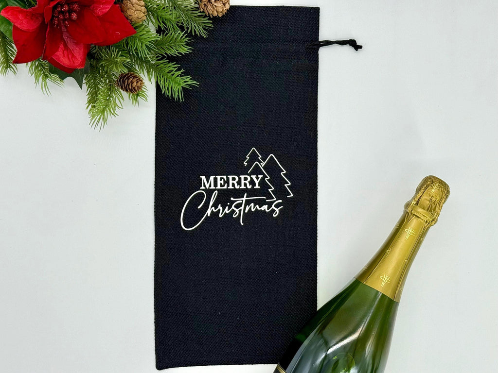 Personalized Christmas Wine Bag, Custom Holiday Gift Bag for Wine Bottles, Reusable Burlap Wine Sack for Hostess or Secret Santa