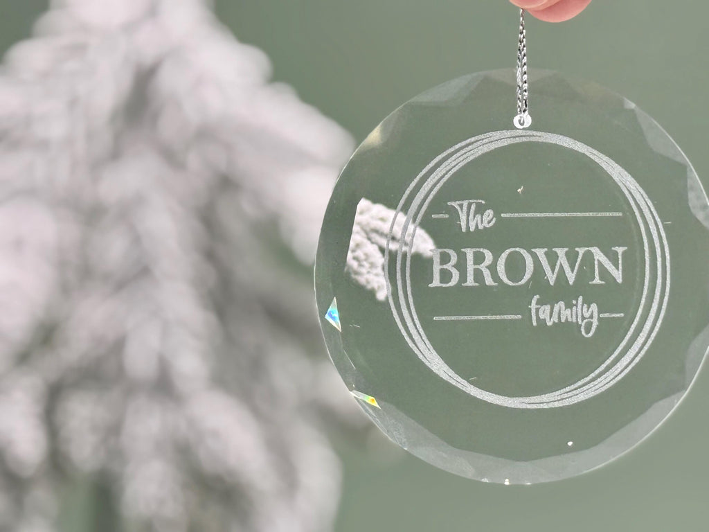 Personalized Glass Christmas Ornament with Family Name, Custom Holiday Keepsake for Couple or Family, Engraved Ornament with Gift Box
