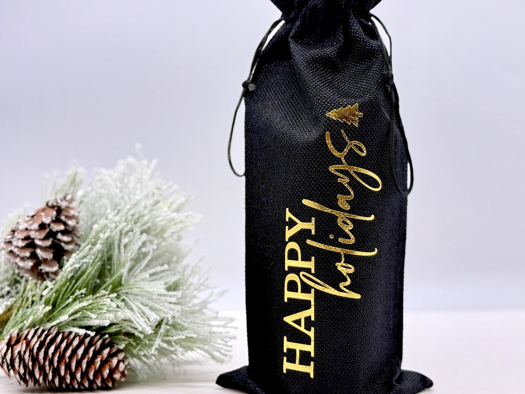 Personalized Christmas Wine Bag, Custom Holiday Gift Bag for Wine Bottles, Reusable Burlap Wine Sack for Hostess or Secret Santa