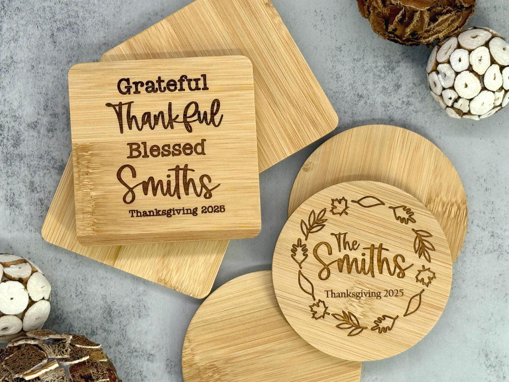 Personalized Thanksgiving Bamboo Coaster - Bamboo Coaster - Thanksgiving Gifts - Fall Decor - Thanksgiving Coaster - Personalized Gifts