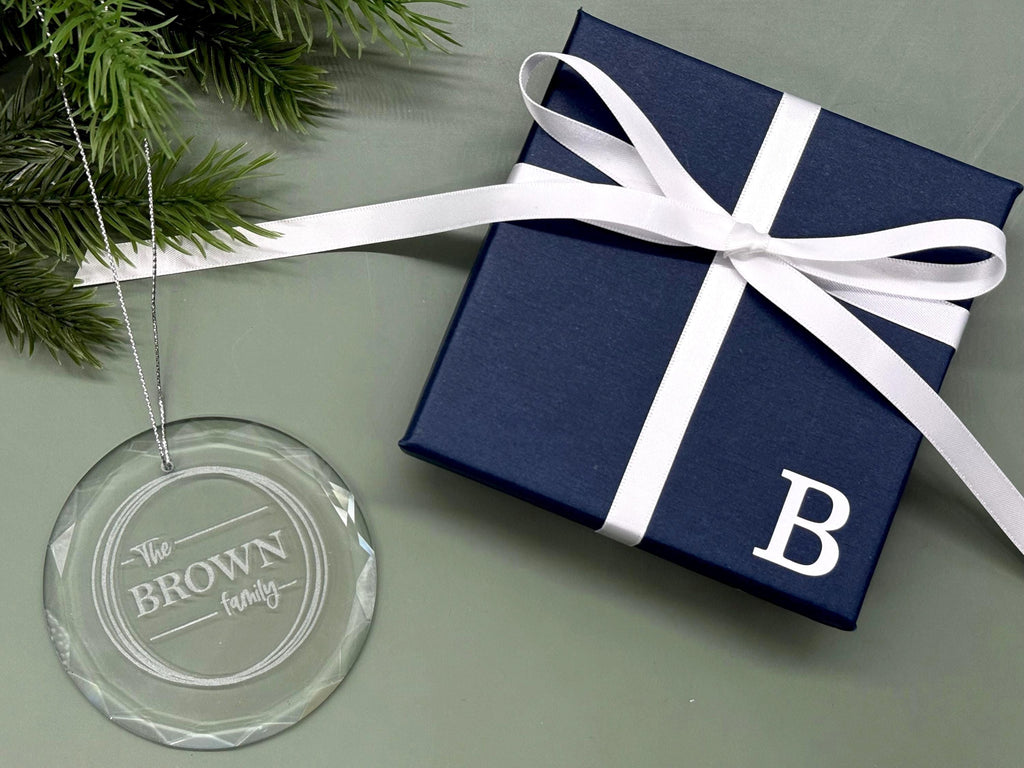Personalized Glass Christmas Ornament with Family Name, Custom Holiday Keepsake for Couple or Family, Engraved Ornament with Gift Box