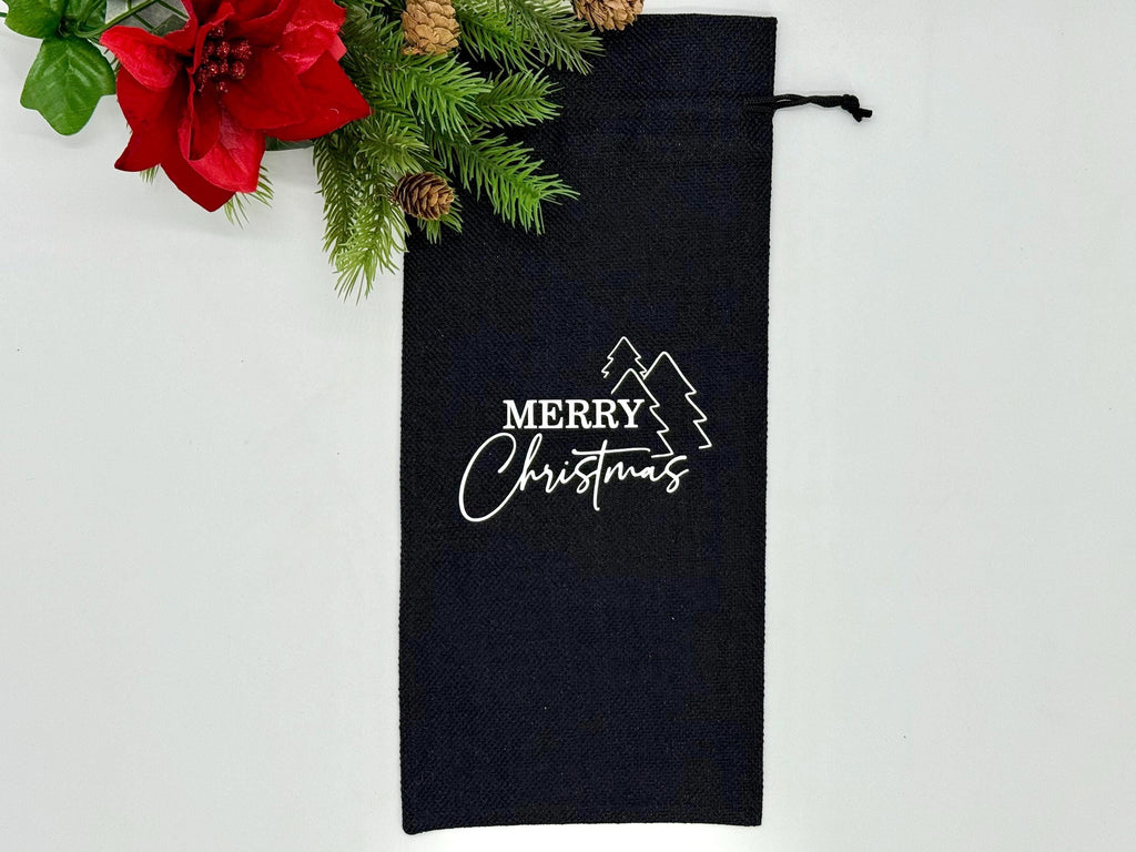Personalized Christmas Wine Bag, Custom Holiday Gift Bag for Wine Bottles, Reusable Burlap Wine Sack for Hostess or Secret Santa