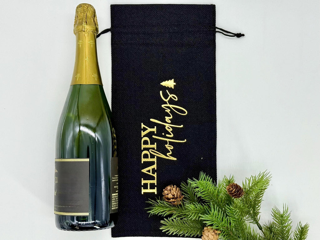 Personalized Christmas Wine Bag, Custom Holiday Gift Bag for Wine Bottles, Reusable Burlap Wine Sack for Hostess or Secret Santa