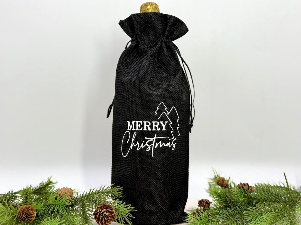 Personalized Christmas Wine Bag, Custom Holiday Gift Bag for Wine Bottles, Reusable Burlap Wine Sack for Hostess or Secret Santa