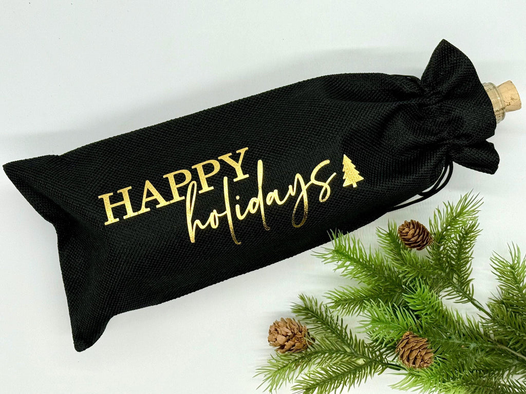 Personalized Christmas Wine Bag, Custom Holiday Gift Bag for Wine Bottles, Reusable Burlap Wine Sack for Hostess or Secret Santa