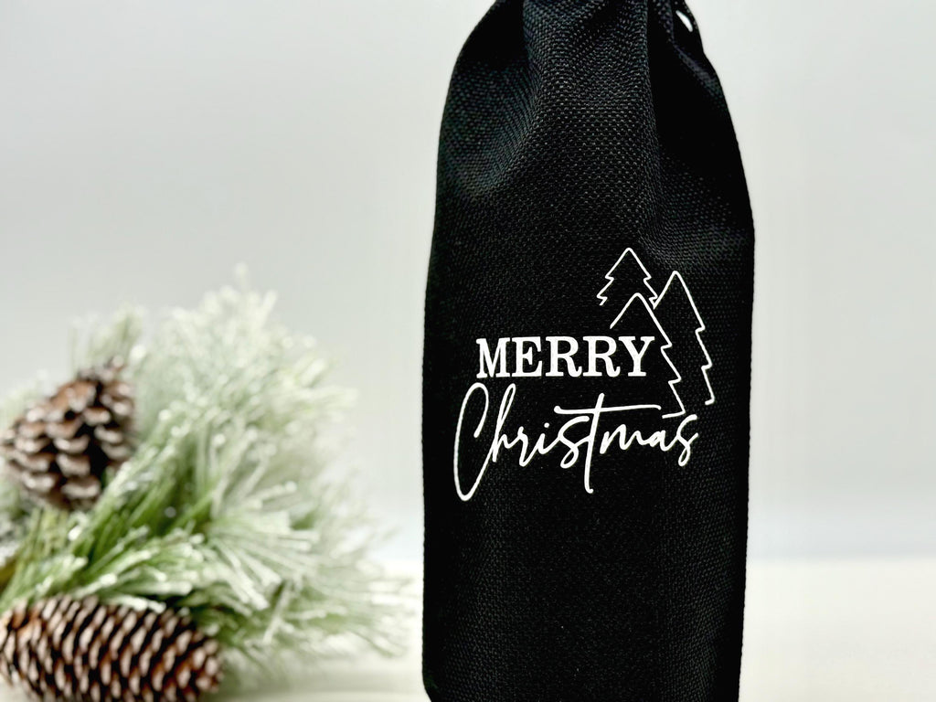 Personalized Christmas Wine Bag, Custom Holiday Gift Bag for Wine Bottles, Reusable Burlap Wine Sack for Hostess or Secret Santa