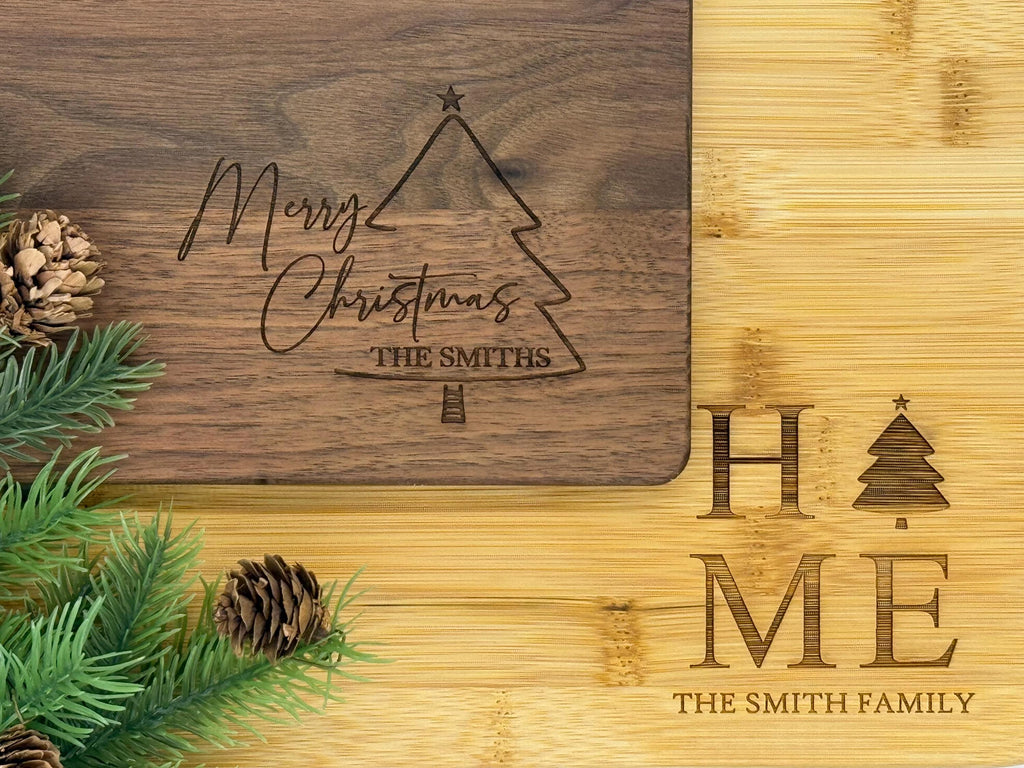 Personalized Christmas Cutting Board, Engraved Holiday Gift for Couple or Family, Custom Bamboo Board for Holiday Kitchen Décor