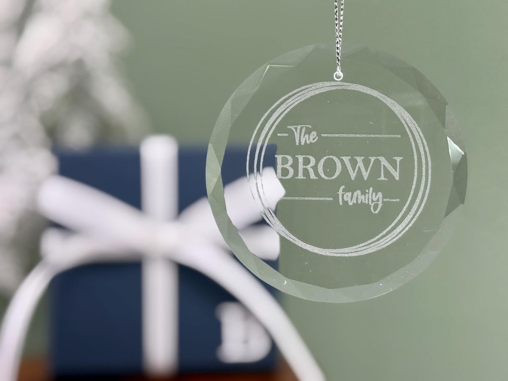 Personalized Glass Christmas Ornament with Family Name, Custom Holiday Keepsake for Couple or Family, Engraved Ornament with Gift Box