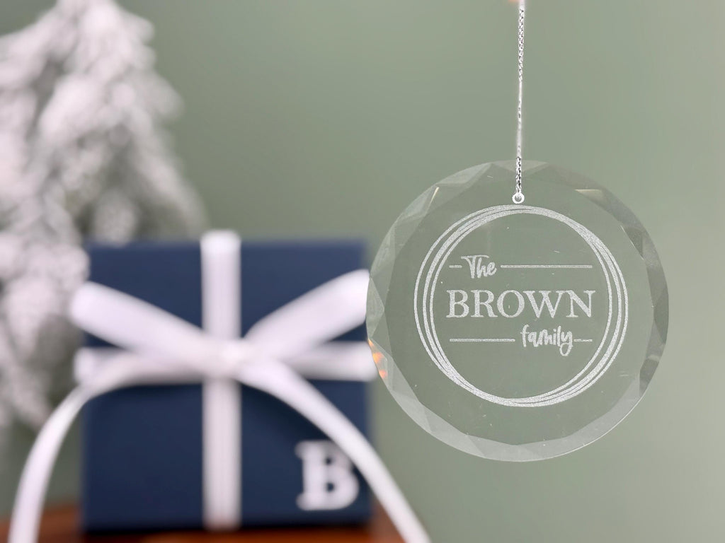 Personalized Glass Christmas Ornament with Family Name, Custom Holiday Keepsake for Couple or Family, Engraved Ornament with Gift Box