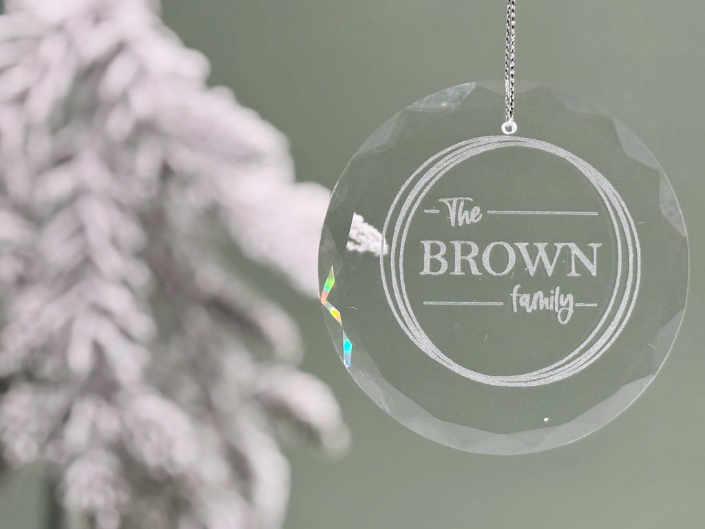 Personalized Glass Christmas Ornament with Family Name, Custom Holiday Keepsake for Couple or Family, Engraved Ornament with Gift Box