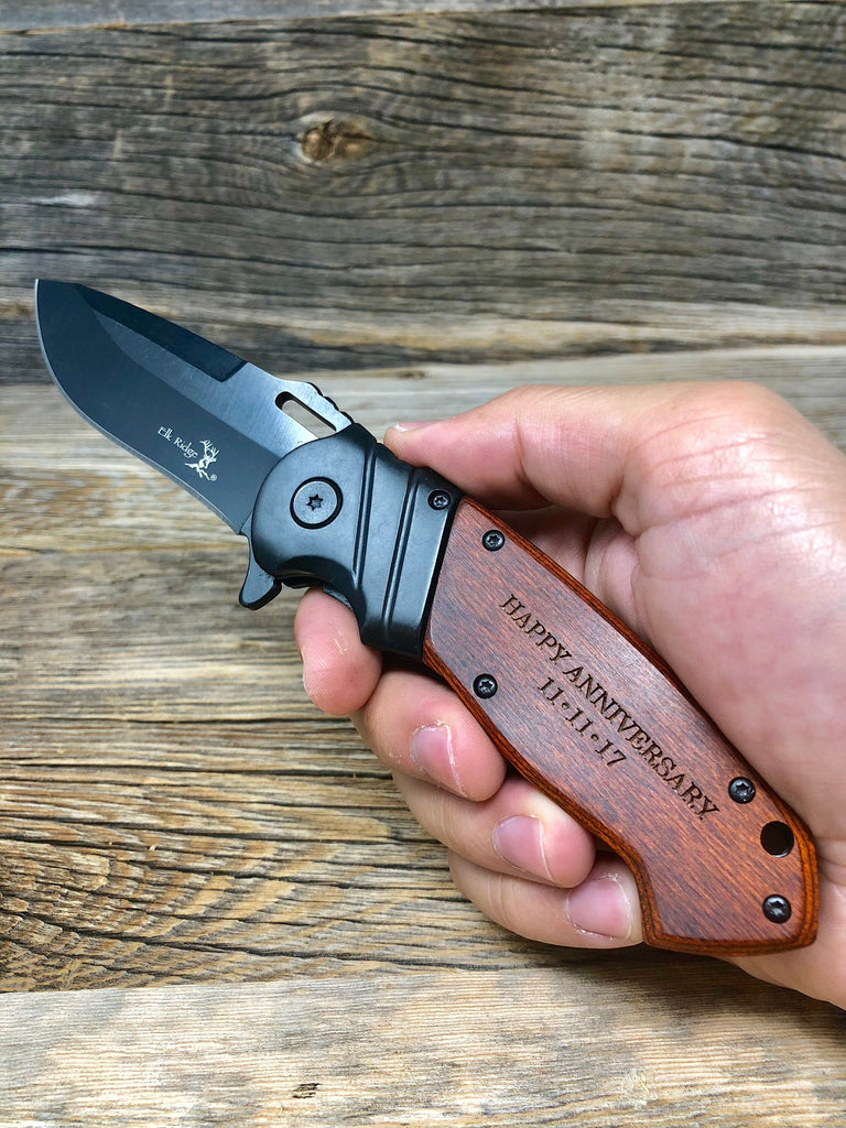 Anniversary Gifts, Happy Anniversary Knife, Personalized Gift For BoyFriend, Wood Handle Folding Knife, Gift for Dad, Engraved Knife