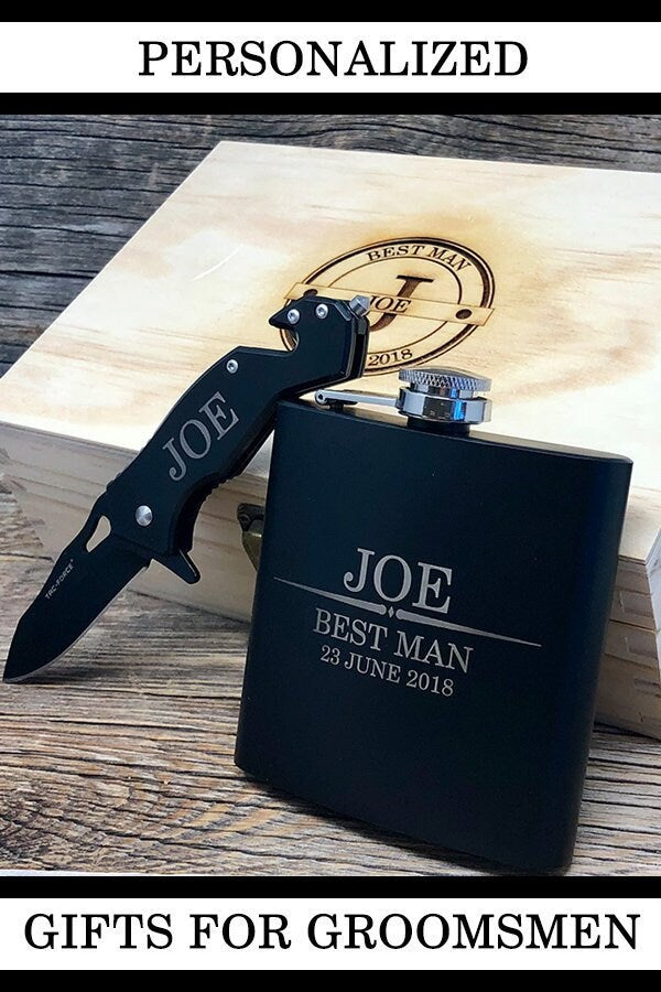 Groomsmen box with black flask and knife, Men's personalized flask and engraved knife, groomsman proposal box set, black stainless pub glass
