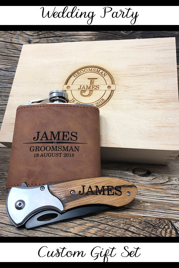 Groomsmen Knife Set, Groomsmen Gift, Groomsman Leather Flask, Creative Gifts for Groomsmen, Engraved Flask, Hip Flask Set, Knife Flask Set