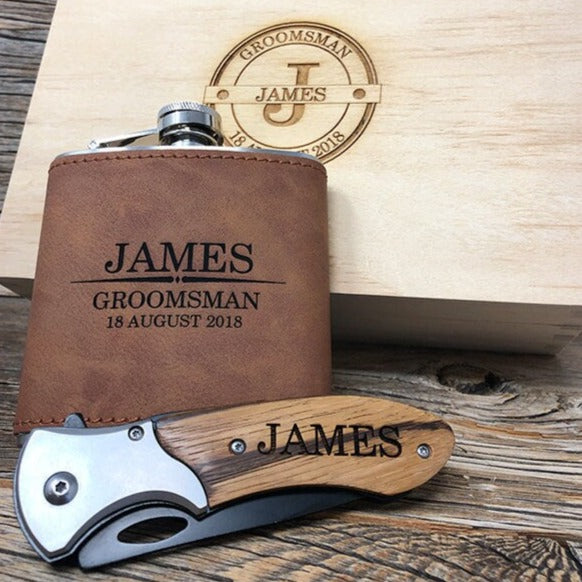 Groomsmen Flask Set, Groomsmen Gift, Groomsman Leather Flask, Creative Gifts for Groomsmen, Engraved Flask, Hip Flask Set, Knife Flask Set