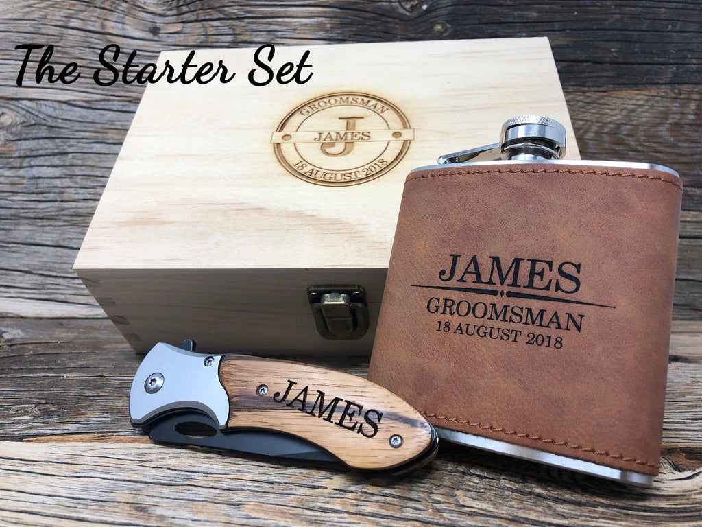 Groomsmen Flask Set, Groomsmen Gift, Groomsman Leather Flask, Creative Gifts for Groomsmen, Engraved Flask, Hip Flask Set, Knife Flask Set