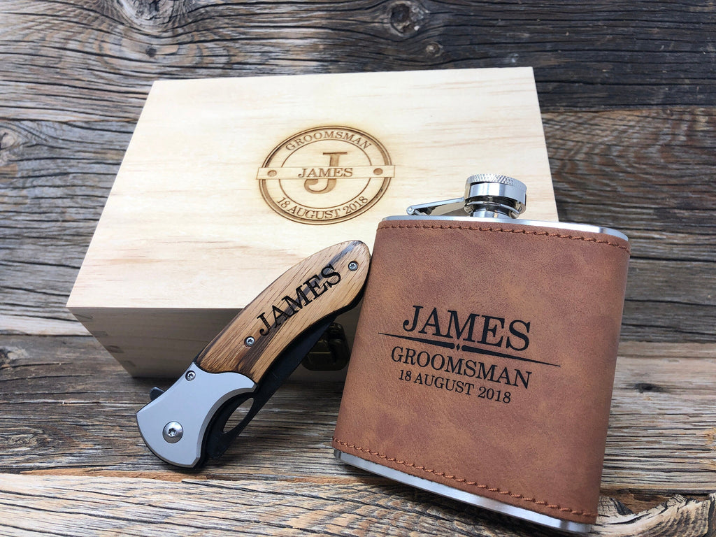 Groomsmen Gift, Groomsmen Box Set, Groomsman Leather Flask, Groomsmen Knife, Personalized Flask, Groomsman Proposal Gift Set, Knife Set